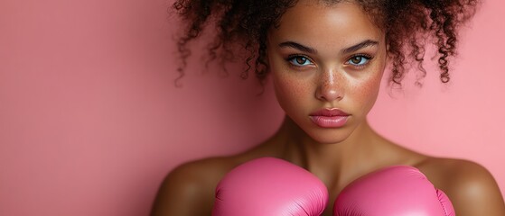Woman in pink boxing gloves against a matching pink background, determined expression
