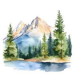 Watercolor Nature Forest and Mountain isolated on a transparent background.