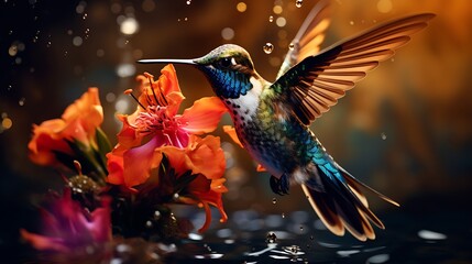 Obraz premium An artful portrayal of a hummingbird in the act of feeding, displaying the graceful movement and vivid colors, rendered in high-definition