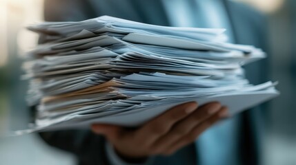 A man's hand holding a large stack of various papers is shown, representing an overload of paperwork and administrative tasks, likely in a business or office context.