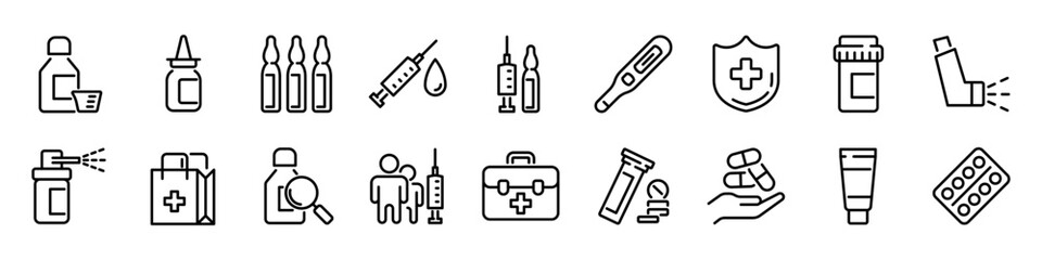 Pharmaceutical products set. Medical drugs. Linear style.