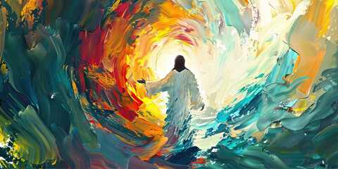 An abstract expressionist piece depicting the resurrection of Jesus Christ, its swirling colors and bold brushstrokes capturing the essence of new life.