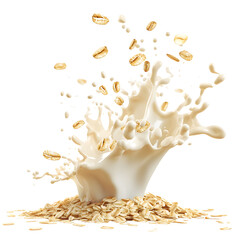 Tornado Milk splash with oat 3d Realistic, isolated on a transparent background. Healthy meal label with milk, yogurt, nuts, corn flakes, muesli. Dairy splash design.