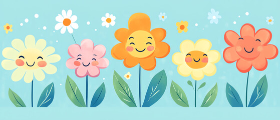Whimsical cartoonish flowers with smiling faces, simple design, vibrant and cheerful, ideal for kids  illustrations and playful designs