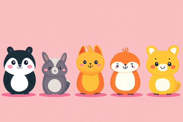 Obraz premium Adorable cartoonish animal characters in a fun, minimalist design, vibrant colors, simple shapes, perfect for children s illustrations, playful and charming