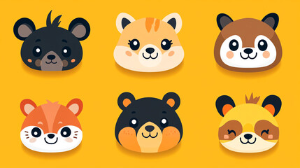 Cartoonish animal faces in a fun, minimalist design, simple lines and vibrant colors, emphasizing cuteness and charm, ideal for stickers or icons