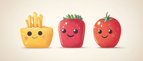 Fototapeta premium Cute cartoonish food characters in a minimalist design, fun and friendly faces, bright and engaging, perfect for menus or children s content