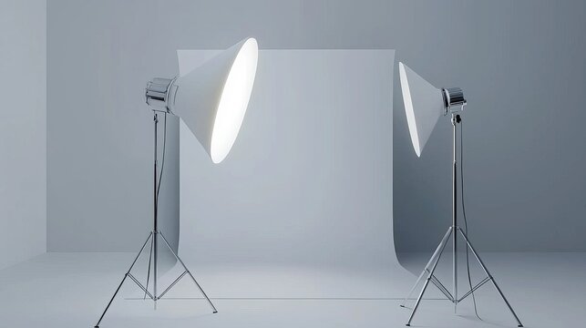Softbox studio lights, professional photography setup, 3D illustration
