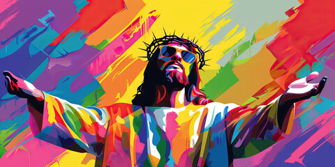 A colorful pop art portrait of Jesus wearing sunglasses and a crown of thorns, his hands outstretched in a symbol of peace.