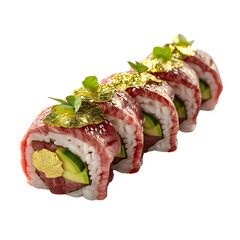 Succulent slices of A5 Wagyu beef rolled with premium sushi rice, avocado, and a touch of wasabi, topped with edible gold leaf.  isolated on transparent background, 3D Render illustration.