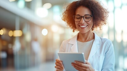 A smiling healthcare professional with curly hair and glasses uses a digital tablet in a bright, modern setting, emphasizing technology and care in the healthcare industry.