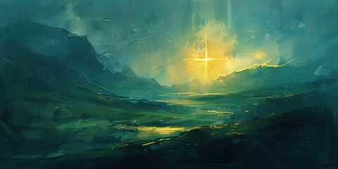 An abstract landscape painting with subtle hints of the Star of Bethlehem, guiding the viewer's eye towards the nativity story.