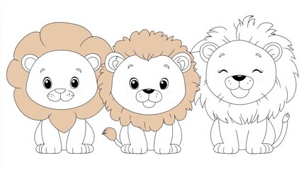 Obraz premium Adorable lion family coloring page featuring a cute mother, father, and baby lion in a kawaii style. Perfect for kids' entertainment, Mother's Day, or Father's Day activities