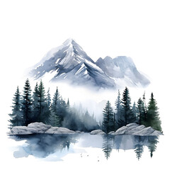 Watercolor Nature Forest and Mountain isolated on a transparent background.
