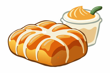 Pumpkin bread with milk, watercolor clipart illustration with isolated background.
