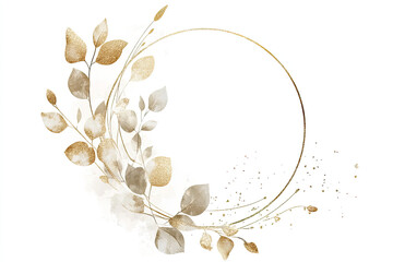 Luxurious botanical gold wedding frame elements on a white background, featuring circle shapes, glitters, eucalyptus leaves, and leaf branches. Perfect for weddings, cards, invitations, and greetings.