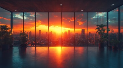 Fototapeta premium Sunset Cityscape Office View: A breathtaking panoramic view of a vibrant cityscape at sunset, seen through the expansive windows of a modern, empty office space. The warm.