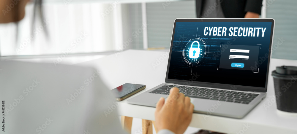 Poster cyber security system on computer screen protect private information snugly from hacker and cyber at