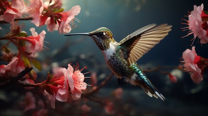 Fototapeta premium An artistic portrayal capturing the swift motion of a hummingbird as it sips nectar from a blossom, presented in exquisite