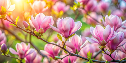 Obraz premium Beautiful blooming Chinese magnolia tree in spring garden. Closeup bloom flowers on sunny day. Woman's or Valentine Day. Romantic floral background for design greeting card, banner, poster, wallpaper