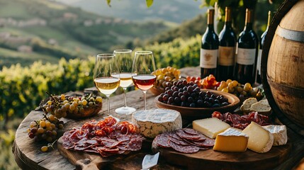 A picturesque Italian vineyard with a wine tasting setup, featuring a selection of Italian wines paired with artisanal cheeses and cured meats