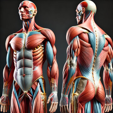 3D anatomical showing major muscle groups of the human body, including pectorals, deltoids, biceps, triceps, quadriceps, hamstrings, abdominal muscles. muscle fibers, tendons, anattachment points bone