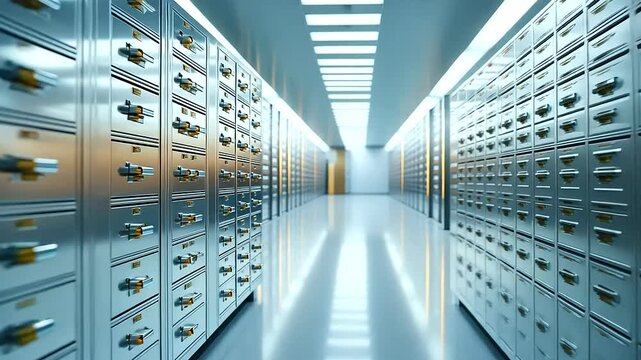 detailed view of bank vault room, containing numerous safe deposit boxes, highlighting the organized and secure environment designed to protect personal valuables and important documents