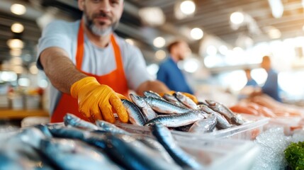 A worker at a seafood market organizes a display of fresh fish while wearing an orange apron and gloves, showcasing the bustling market environment in a vibrant setting.