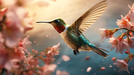 Naklejka premium An artistic portrayal capturing the swift motion of a hummingbird as it sips nectar from a blossom, presented in exquisite