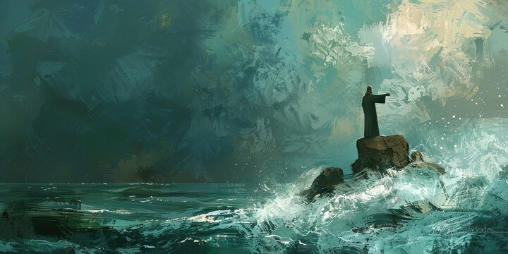 An impressionistic seascape with a lone figure of Jesus, standing atop a rock, his hand outstretched towards the sea.