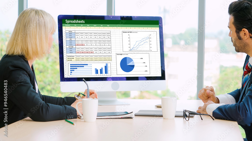 Poster spreadsheet document information financial startup concept. data and graphs in spreadsheet documents