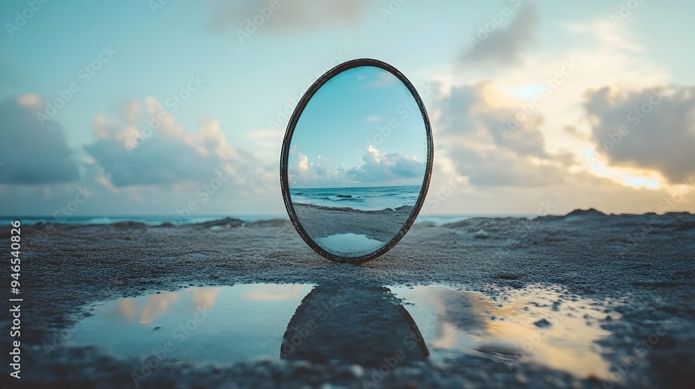 Poster a conceptual image showcasing a reflection in a mirror that presents a divergent perspective from re