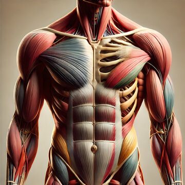 3D anatomical showing major muscle groups of the human body, including pectorals, deltoids, biceps, triceps, quadriceps, hamstrings, abdominal muscles. muscle fibers, tendons, anattachment points bone