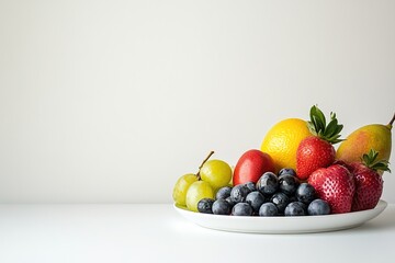 Fresh mixed fruits on white plate and background