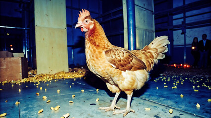 Curious chicken exploring surreal warehouse party setting with bemused expression