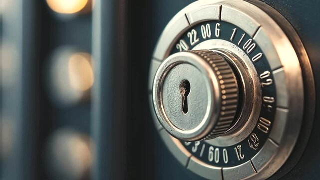 close-up of a combination lock on elegant modern safe, highlighting the intricate details of the dial and the secure mechanism, emphasizing security and protection