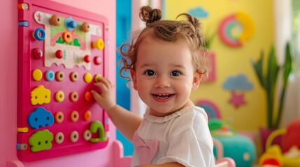 Obraz premium cute toddler girl playing with a colorful educational wooden activity board in pink and blue room, smiling while interacting with gears or pieces, vibrant children's bedroom in the background