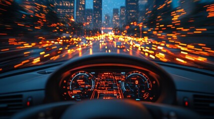 Holographic visuals illustrate key vehicle performance data against a backdrop of vibrant city lights during nighttime driving.