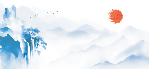 Serene landscape with red sun, misty mountains, flowing waterfall, and birds flying. Traditional oriental ink painting sumi-e, u-sin, go-hua