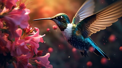Fototapeta premium An enchanting view of a hummingbird delicately extracting nectar from a colorful blossom, showcasing the dynamic movement and vivid details in stunning