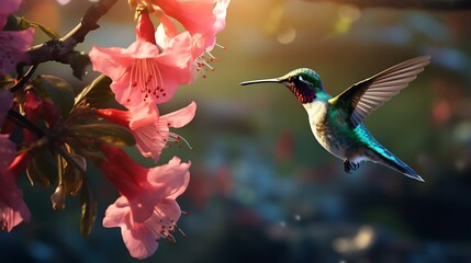 Naklejka premium An enchanting view of a hummingbird delicately extracting nectar from a colorful blossom, showcasing the dynamic movement and vivid details in stunning