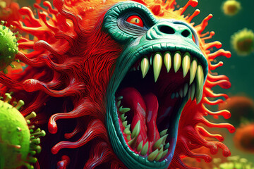 Virus cell model illustration with realistic scary zombie monkey face. Infectious diseases, epidemic concept.