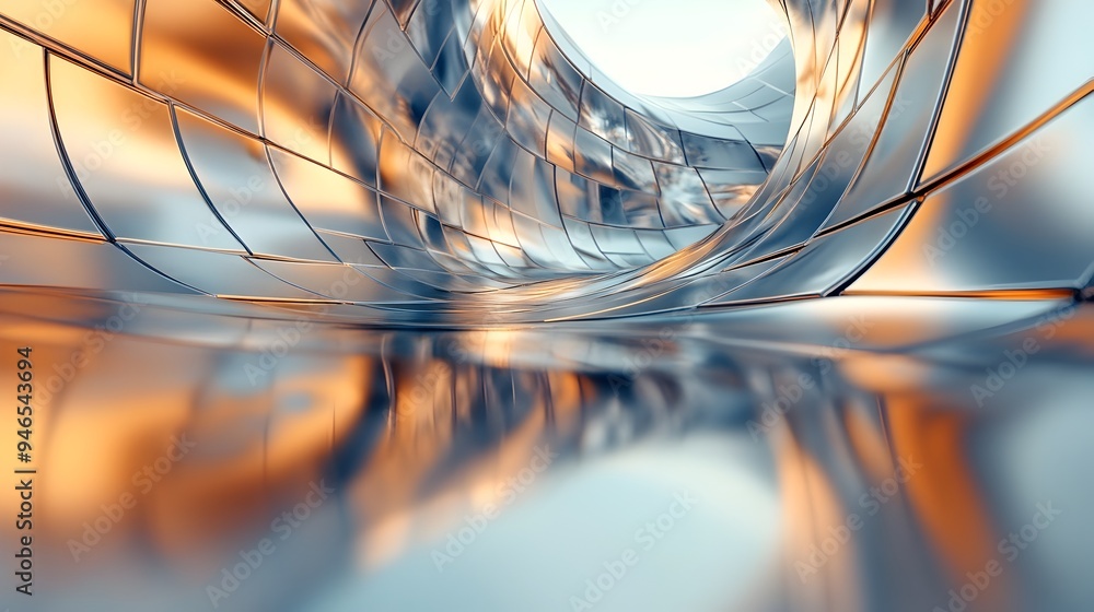 Poster conceptual image showcasing a reflection on a shiny curved metal or glass surface that distorts and 