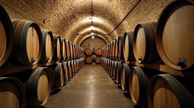 interior of a wine cellar with vaulted celing and wooden barrels