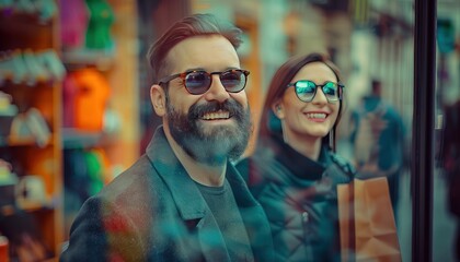 Happy couple, city shopping day, man with beard and sunglasses, wife with glasses, woman ahead with brown bag, abstract store windows, urban setting.