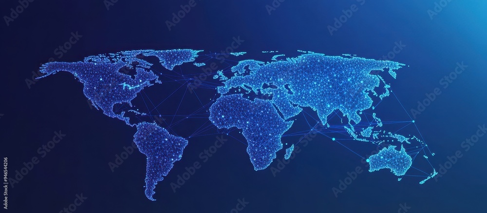 Poster a blue gradient background with a world map made of dots and lines, highlighting global network conn