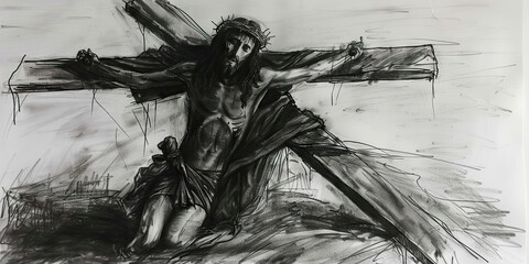 A somber charcoal drawing of Jesus carrying the cross, conveying the weight and suffering of his sacrifice.