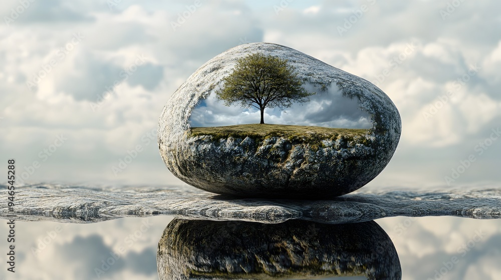 Poster reflection on a polished stone surface reveals a captivating surreal alternate landscape within invi