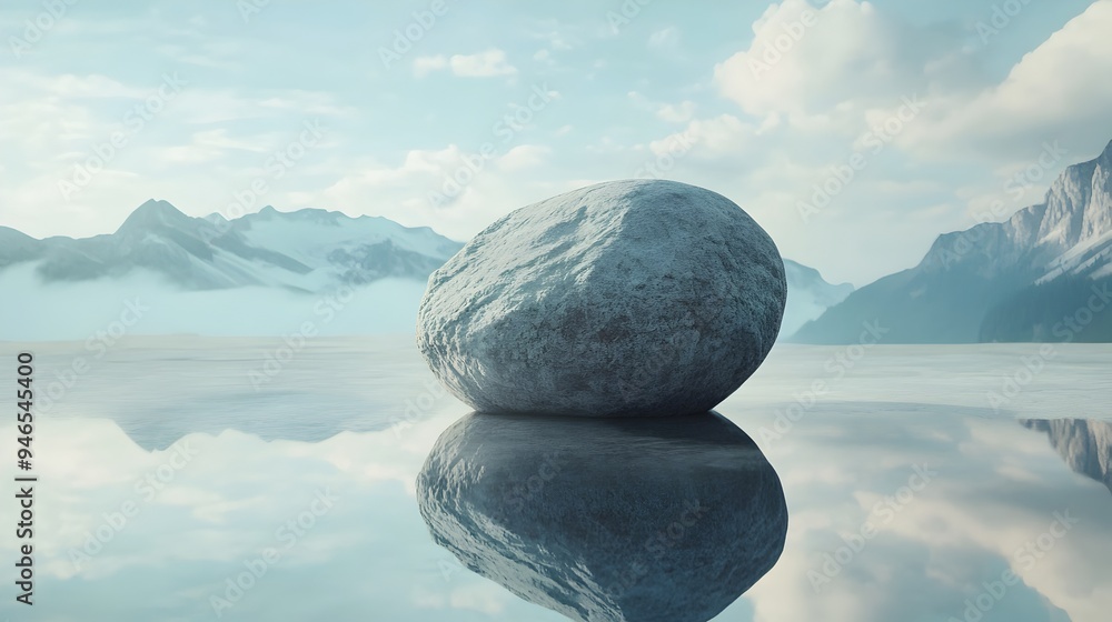 Poster a conceptual image showcasing a reflection on a polished stone surface revealing a serene and surrea