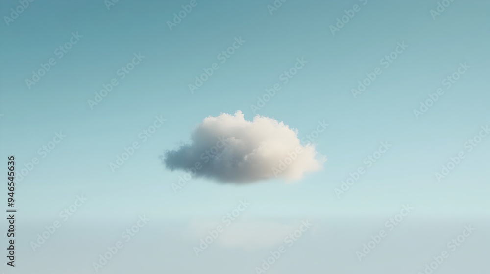 Poster a conceptual image depicting a single cloud floating in a vast clear sky with subtle patterns and te